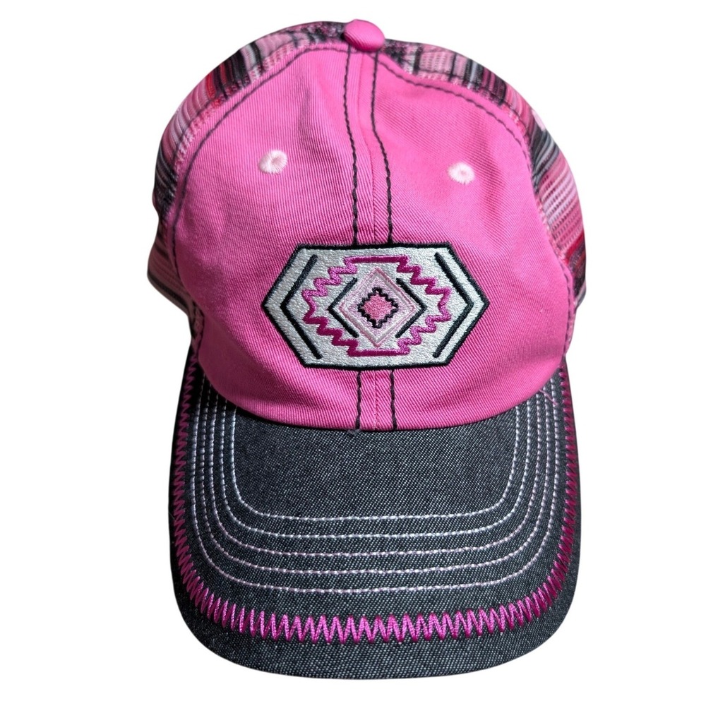 Catchfly Women's Pink & Black Aztec Ponytail Trucker Hat Snapback Cap Southwest